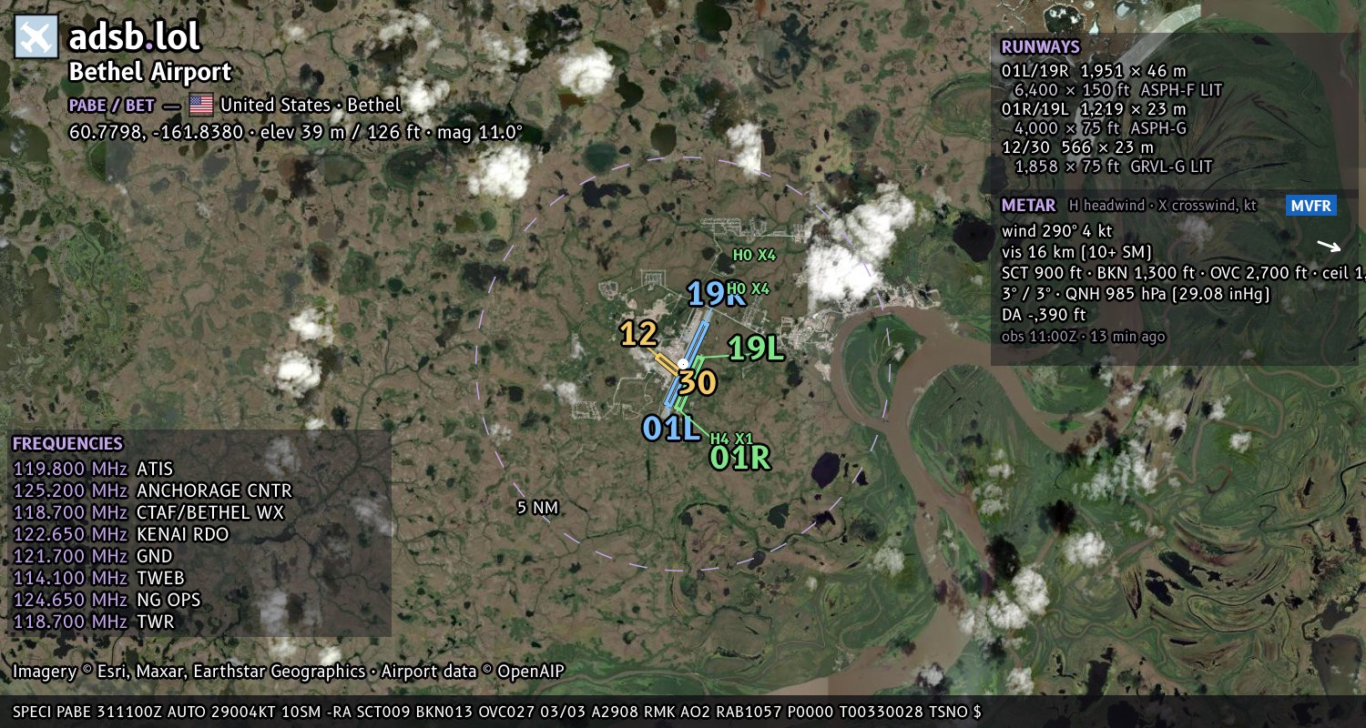 Satellite map with the runway layout of Bethel Airport (PABE)