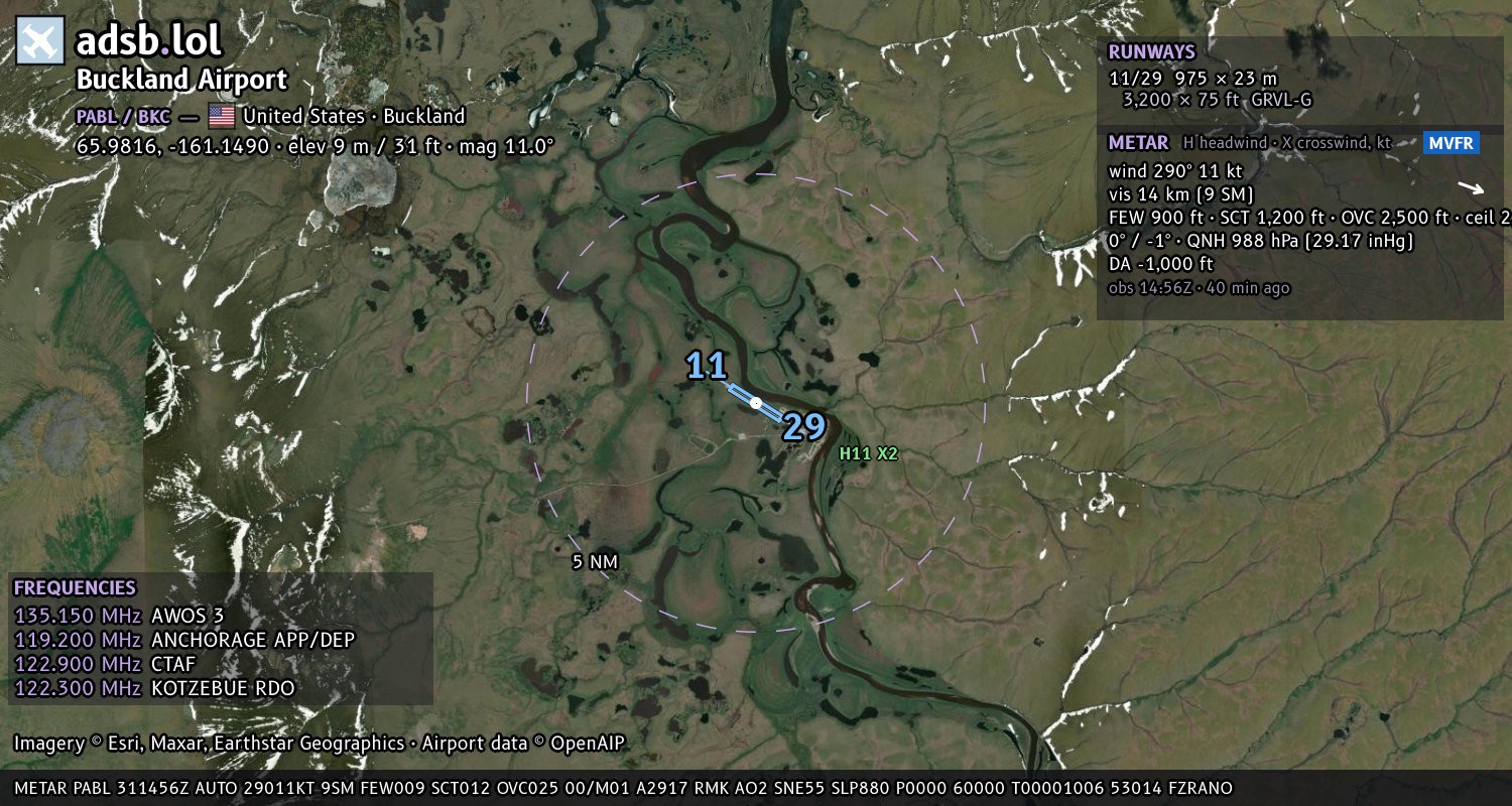 Satellite map with the runway layout of Buckland Airport (PABL)