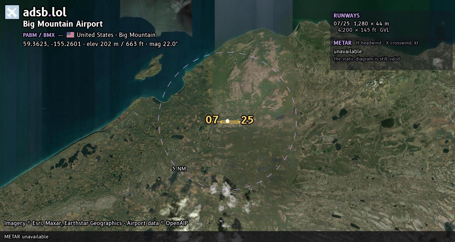 Satellite map with the runway layout of Big Mountain Airport (PABM)