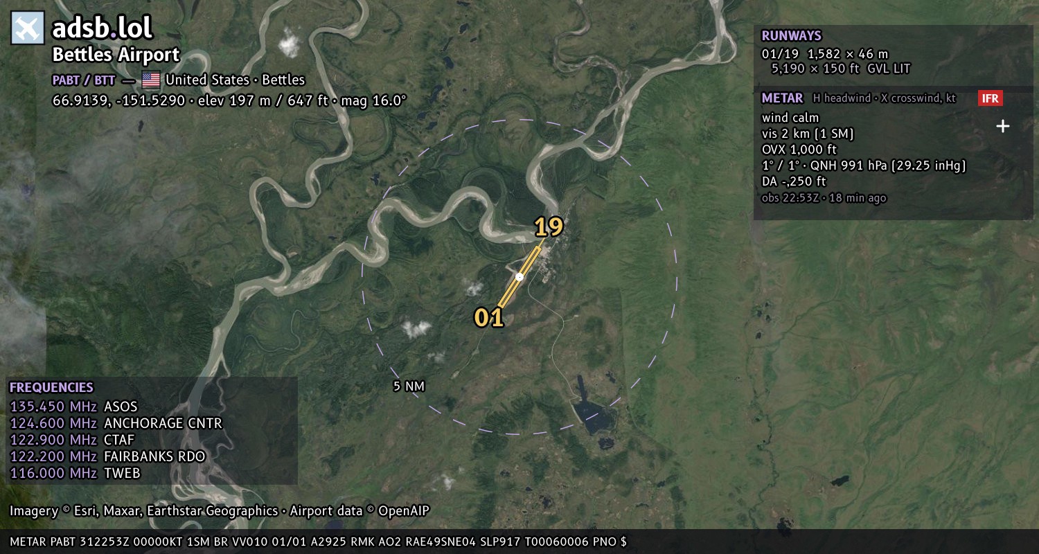 Satellite map with the runway layout of Bettles Airport (PABT)