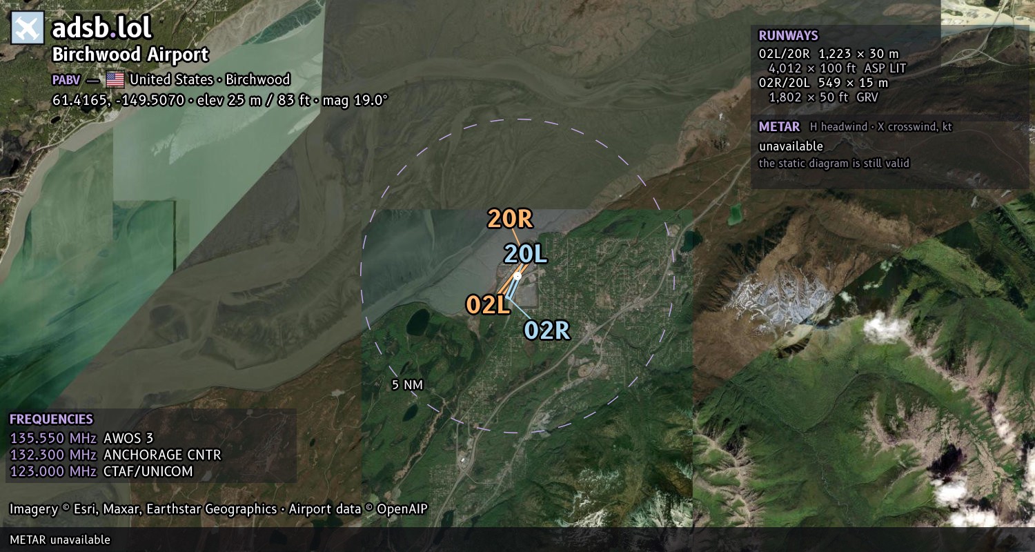 Satellite map with the runway layout of Birchwood Airport (PABV)