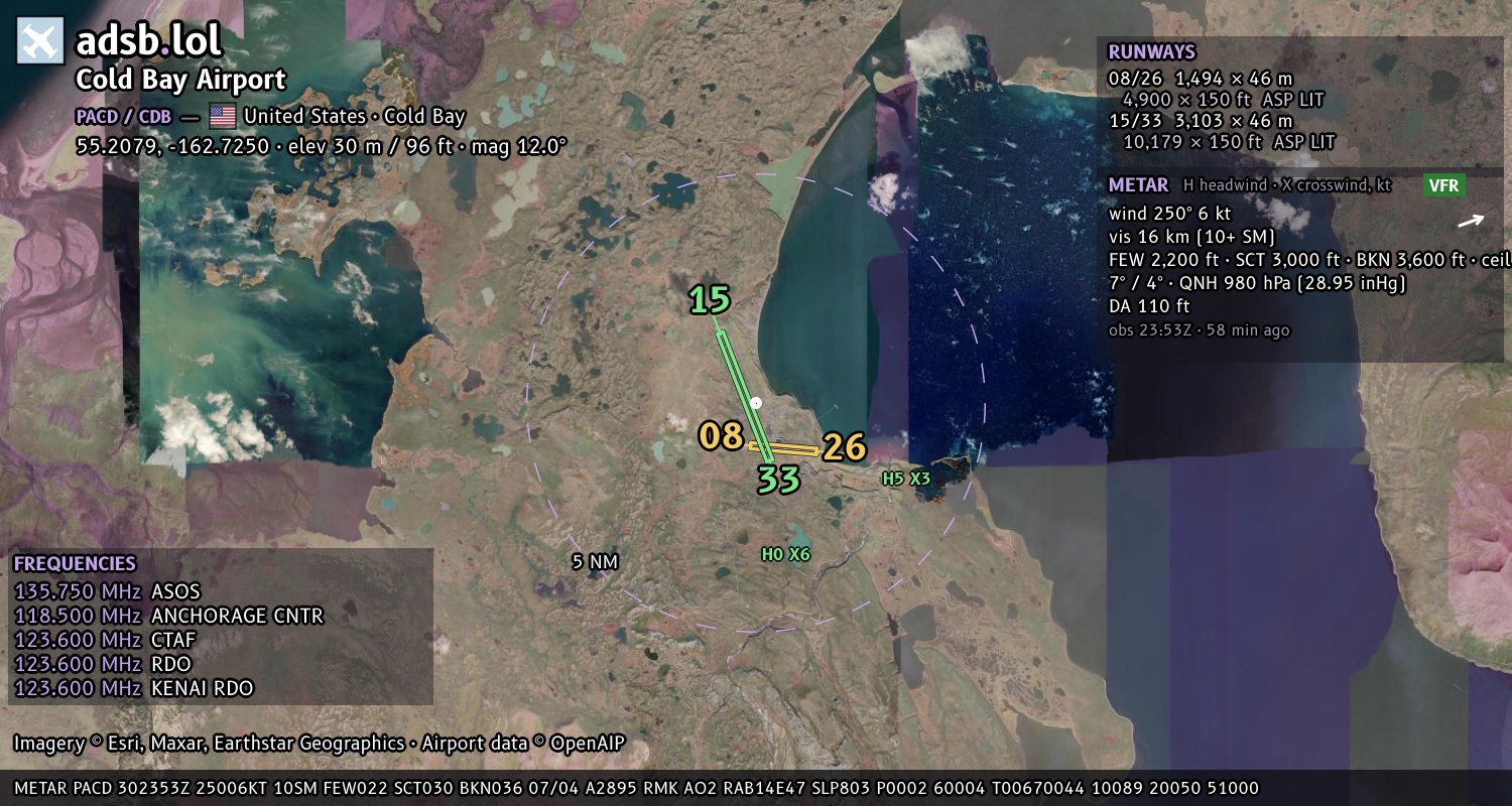 Satellite map with the runway layout of Cold Bay Airport (PACD)
