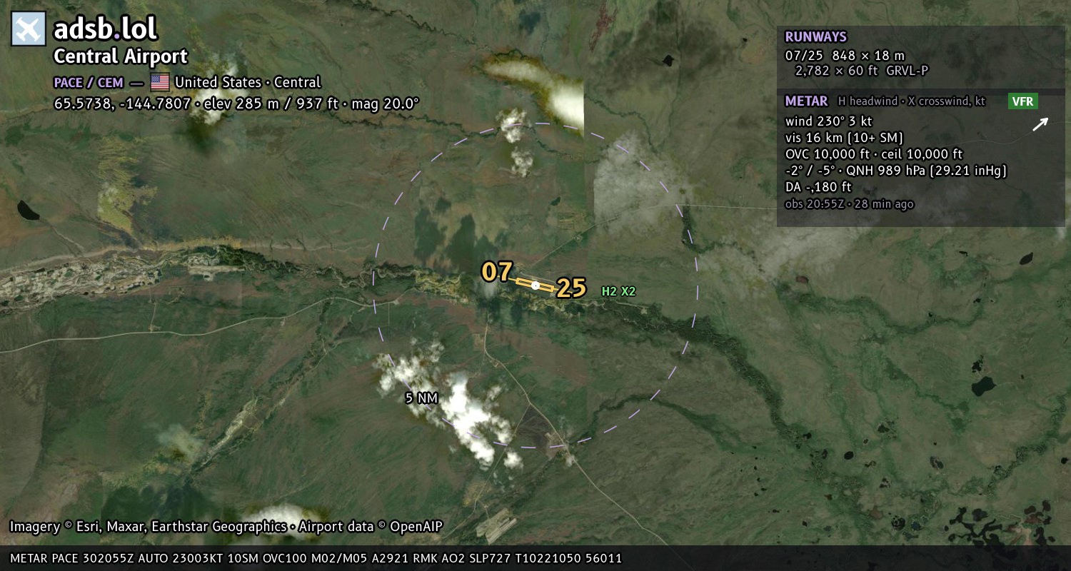 Satellite map with the runway layout of Central Airport (PACE)