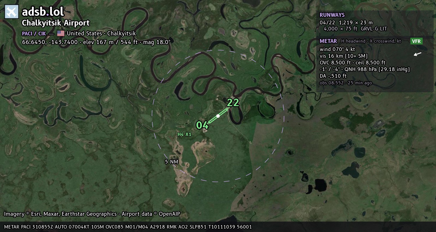 Satellite map with the runway layout of Chalkyitsik Airport (PACI)