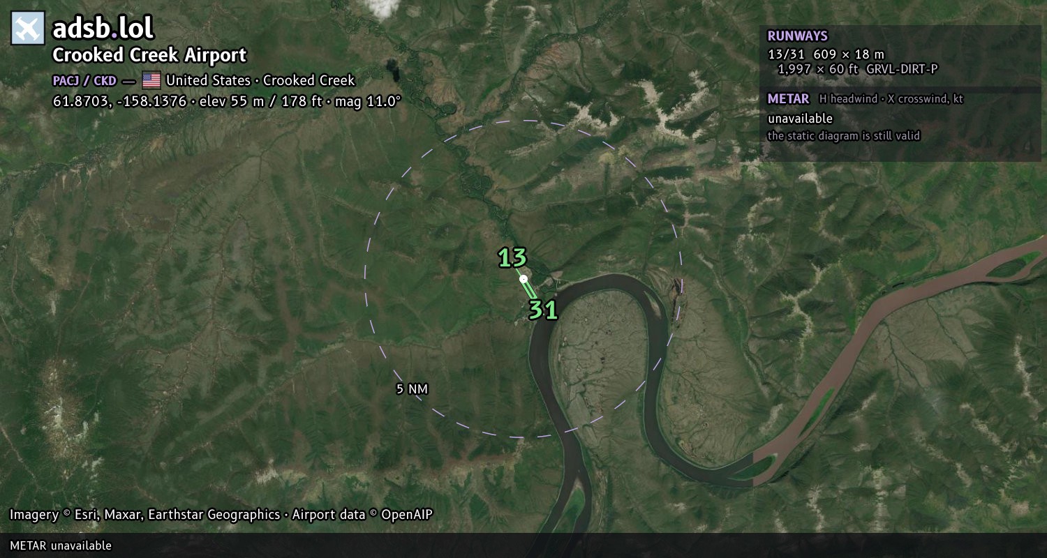 Satellite map with the runway layout of Crooked Creek Airport (PACJ)