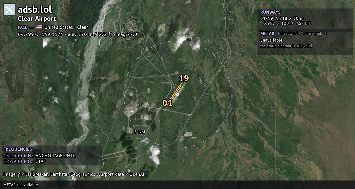 Satellite map with the runway layout of Clear Airport (PACL)