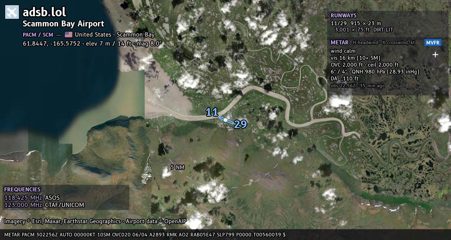 Satellite map with the runway layout of Scammon Bay Airport (PACM)