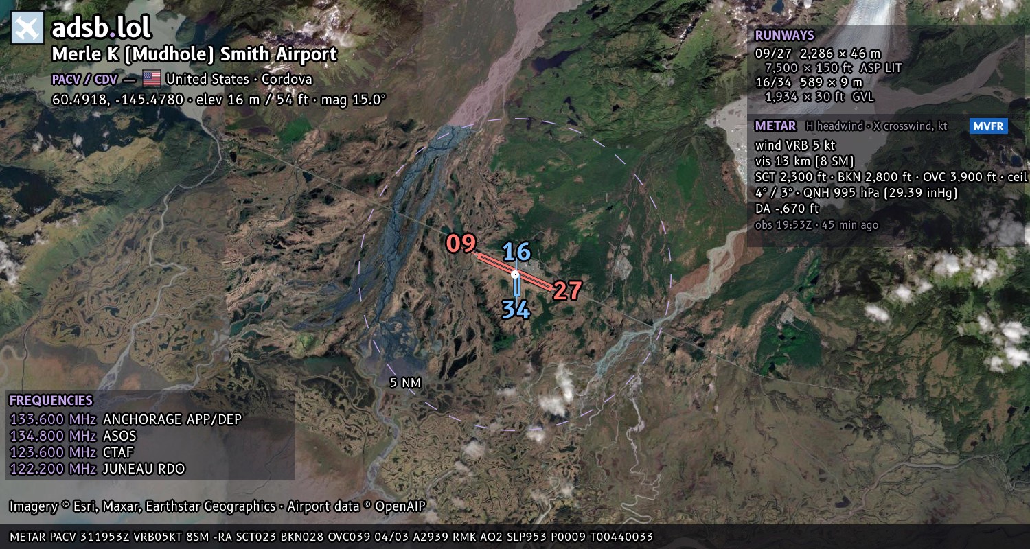 Satellite map with the runway layout of Merle K (Mudhole) Smith Airport (PACV)