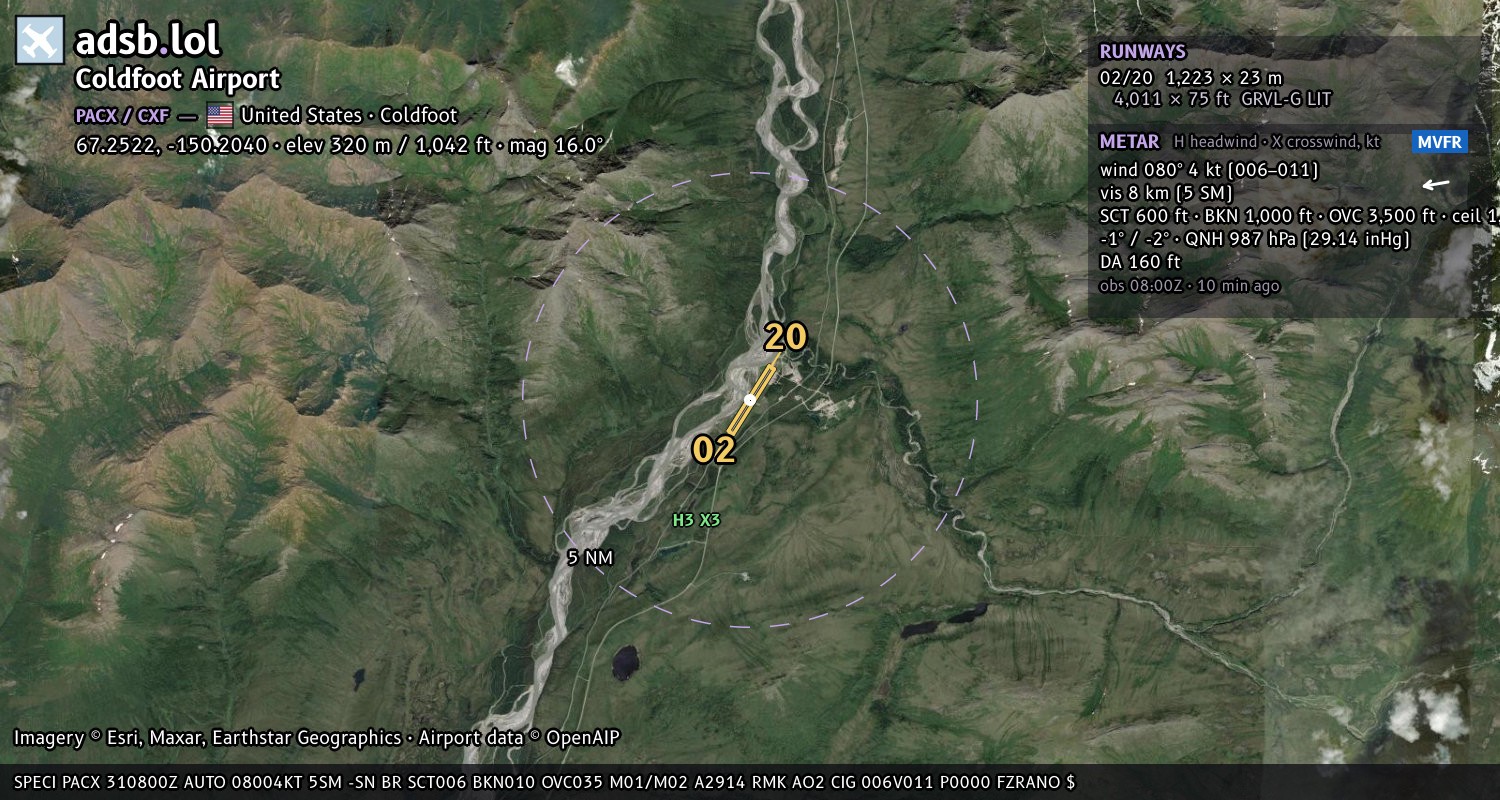 Satellite map with the runway layout of Coldfoot Airport (PACX)