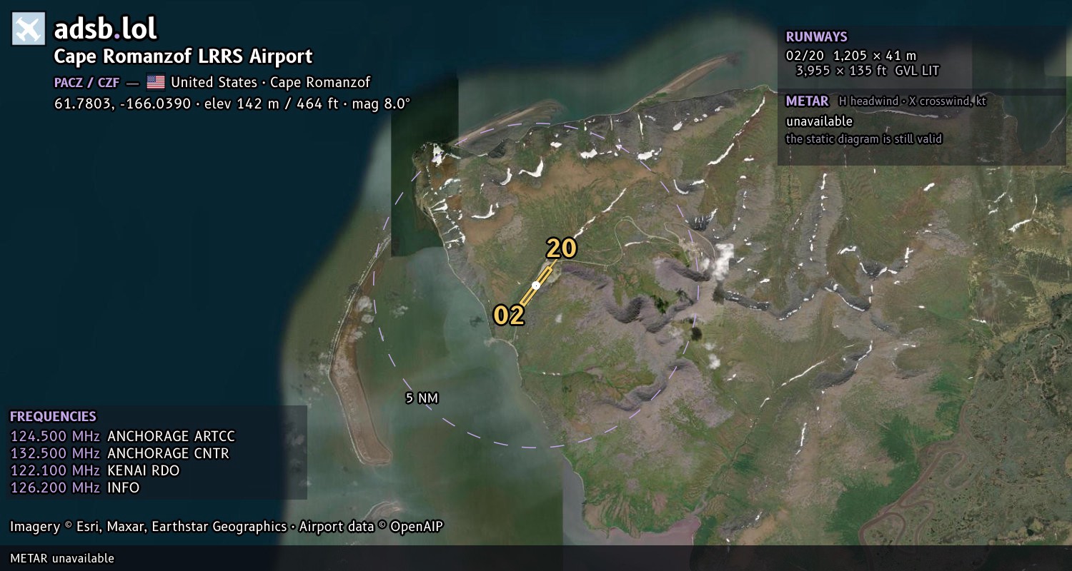 Satellite map with the runway layout of Cape Romanzof LRRS Airport (PACZ)