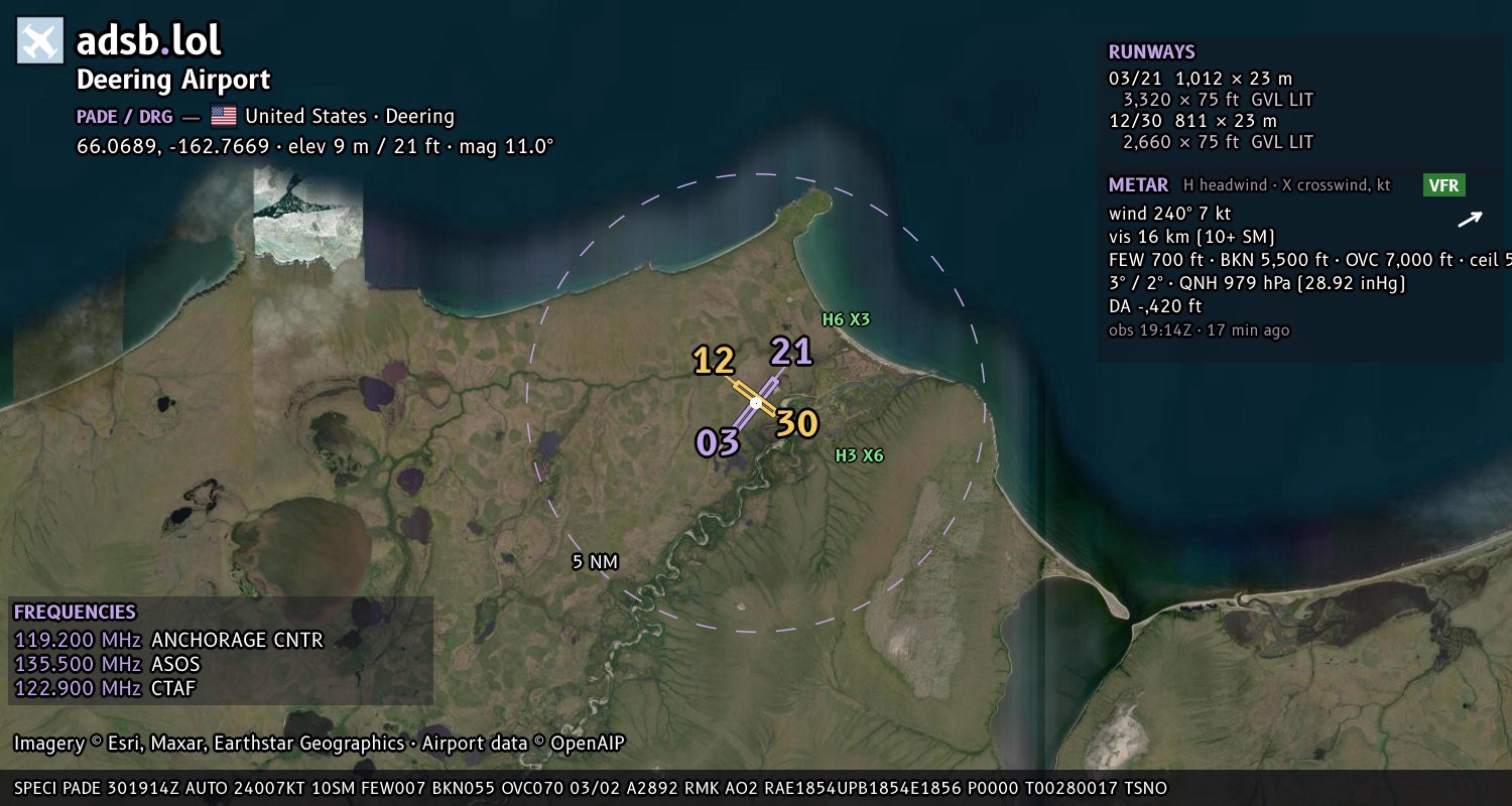 Satellite map with the runway layout of Deering Airport (PADE)