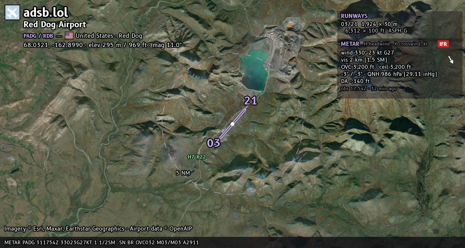 Satellite map with the runway layout of Red Dog Airport (PADG)