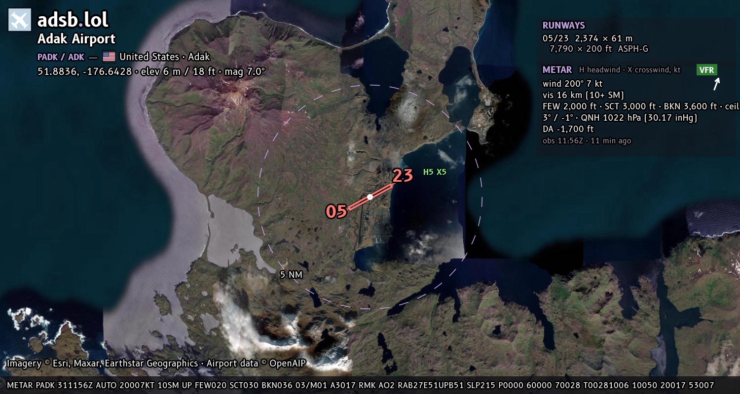Satellite map with the runway layout of Adak Airport (PADK)