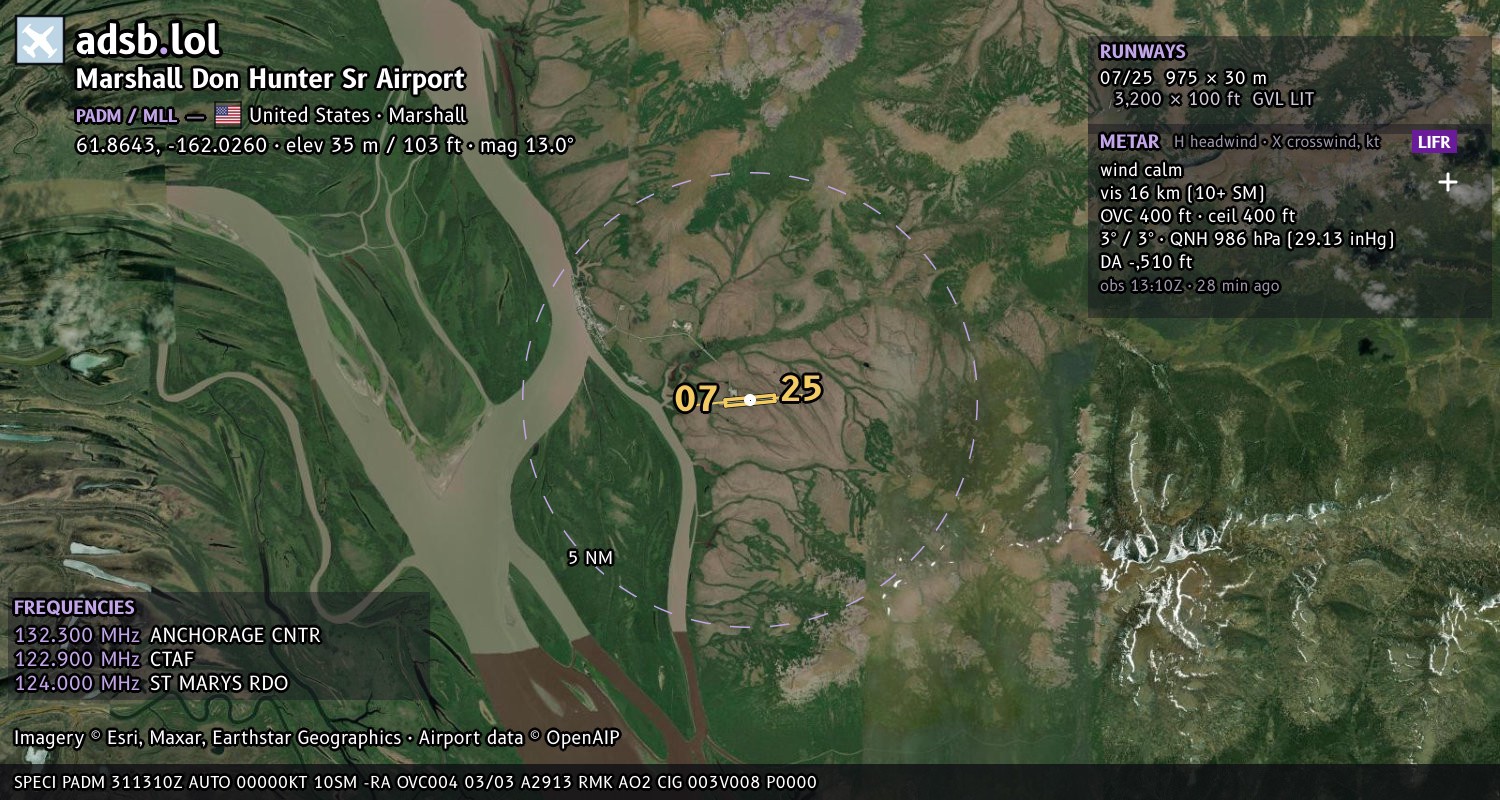 Satellite map with the runway layout of Marshall Don Hunter Sr Airport (PADM)