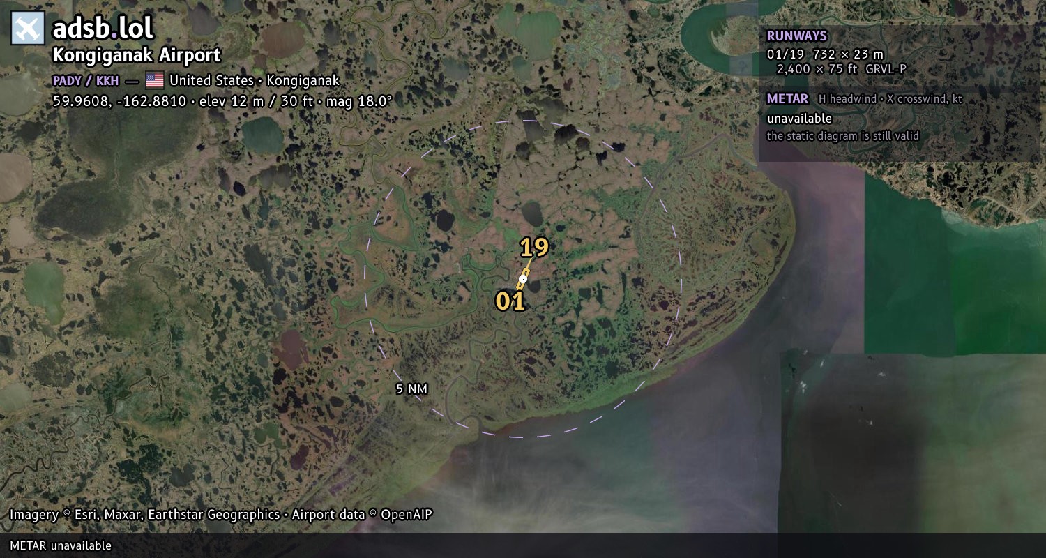 Satellite map with the runway layout of Kongiganak Airport (PADY)
