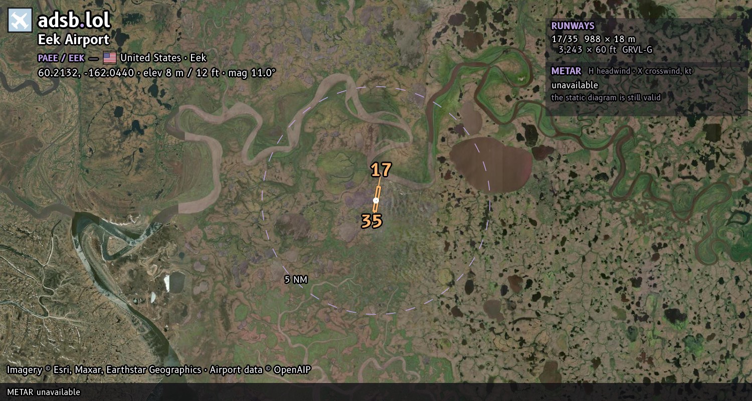 Satellite map with the runway layout of Eek Airport (PAEE)