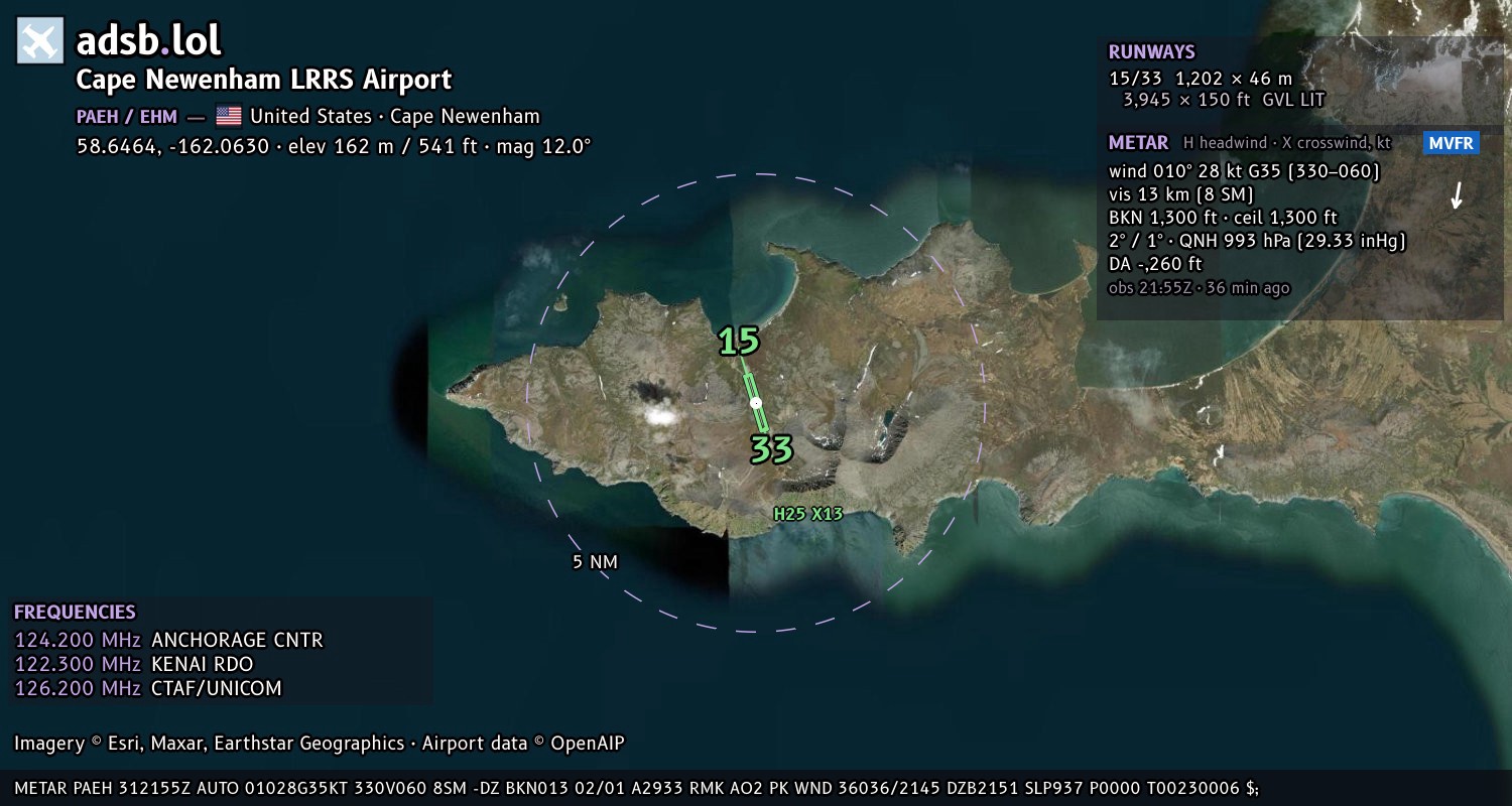 Satellite map with the runway layout of Cape Newenham LRRS Airport (PAEH)