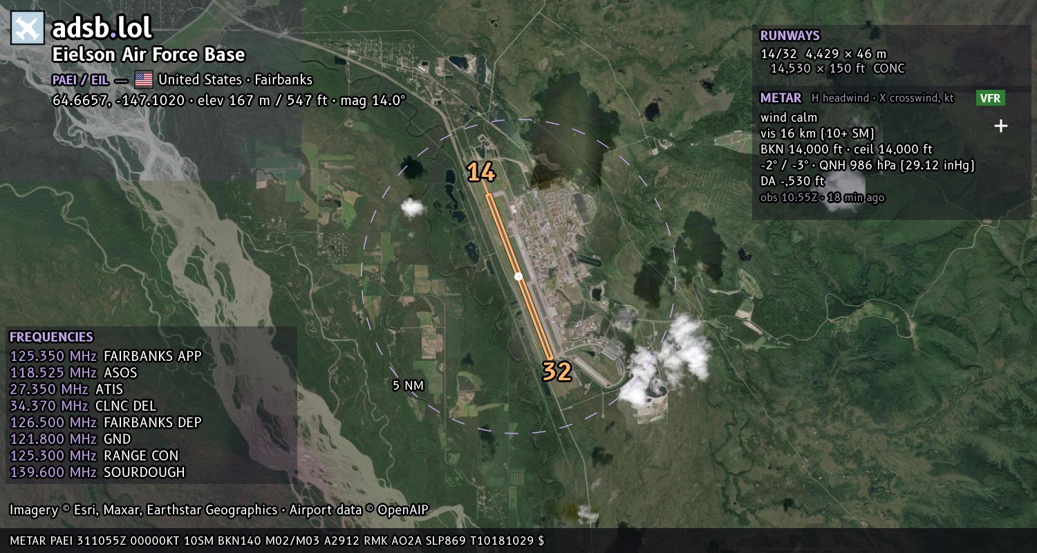 Satellite map with the runway layout of Eielson Air Force Base (PAEI)
