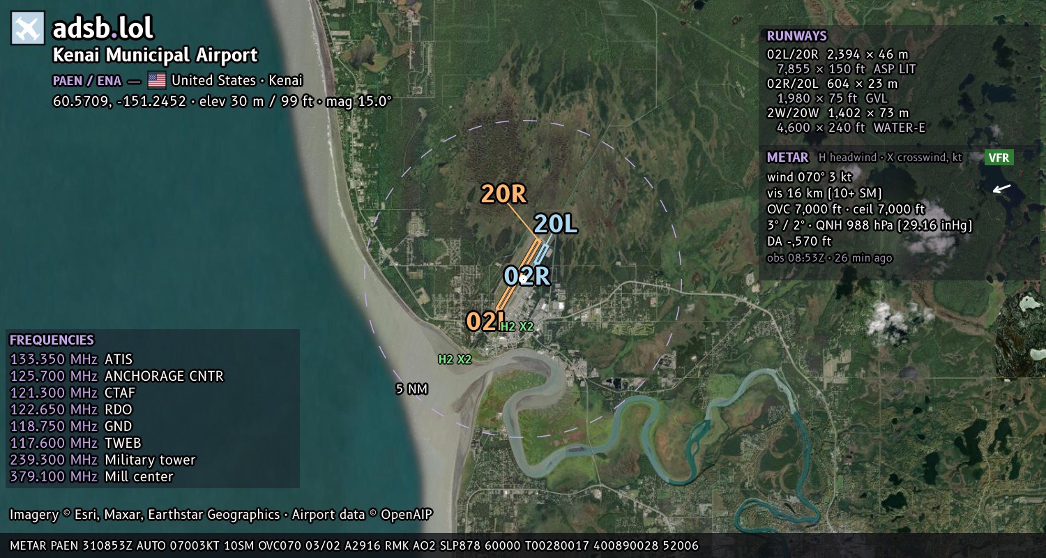 Satellite map with the runway layout of Kenai Municipal Airport (PAEN)