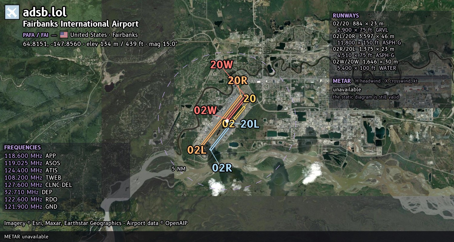 Satellite map with the runway layout of Fairbanks International Airport (PAFA)