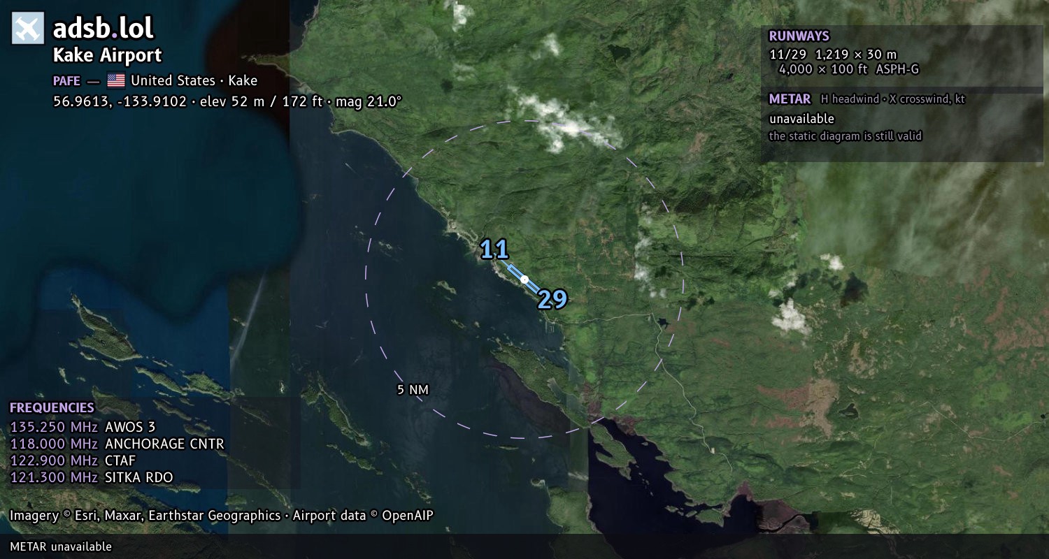 Satellite map with the runway layout of Kake Airport (PAFE)
