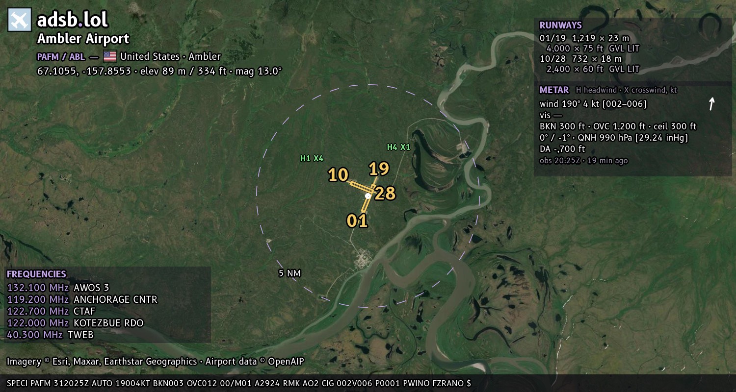 Satellite map with the runway layout of Ambler Airport (PAFM)