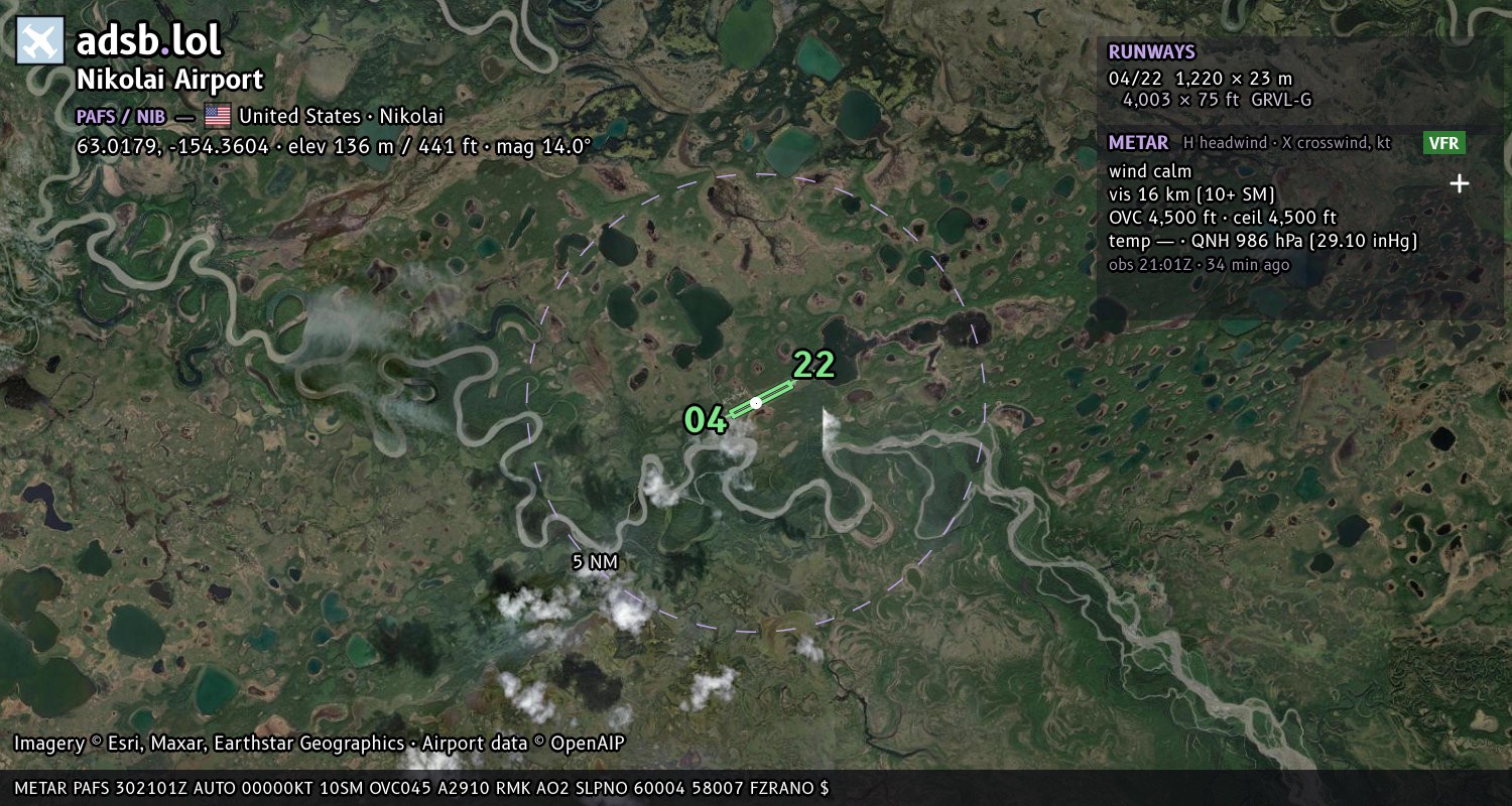 Satellite map with the runway layout of Nikolai Airport (PAFS)