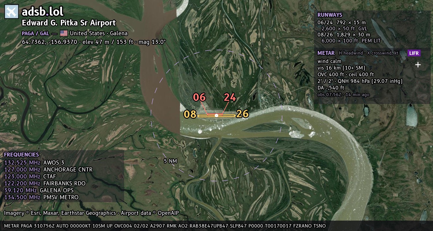 Satellite map with the runway layout of Edward G. Pitka Sr Airport (PAGA)