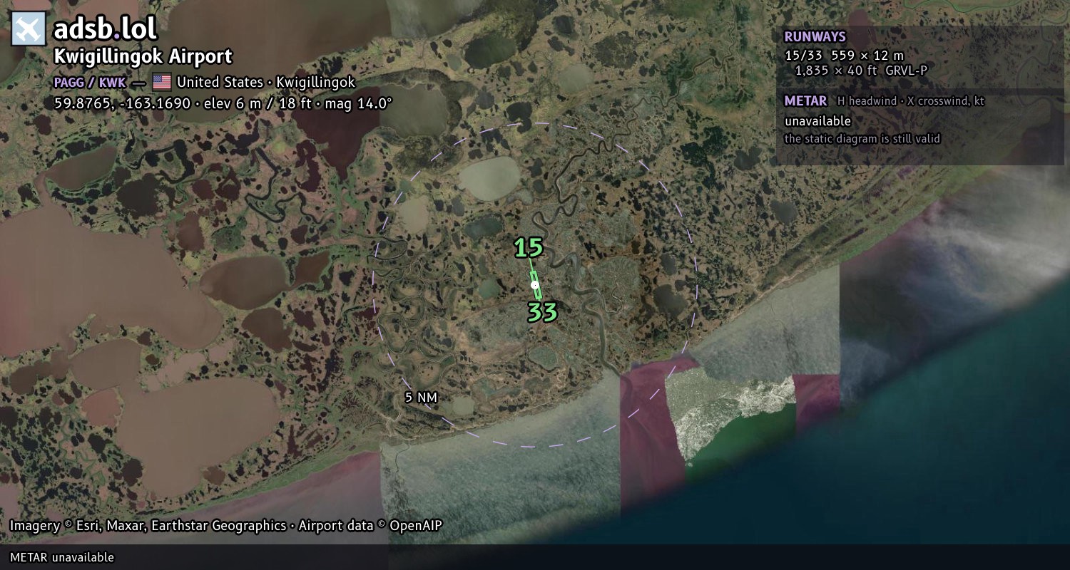 Satellite map with the runway layout of Kwigillingok Airport (PAGG)