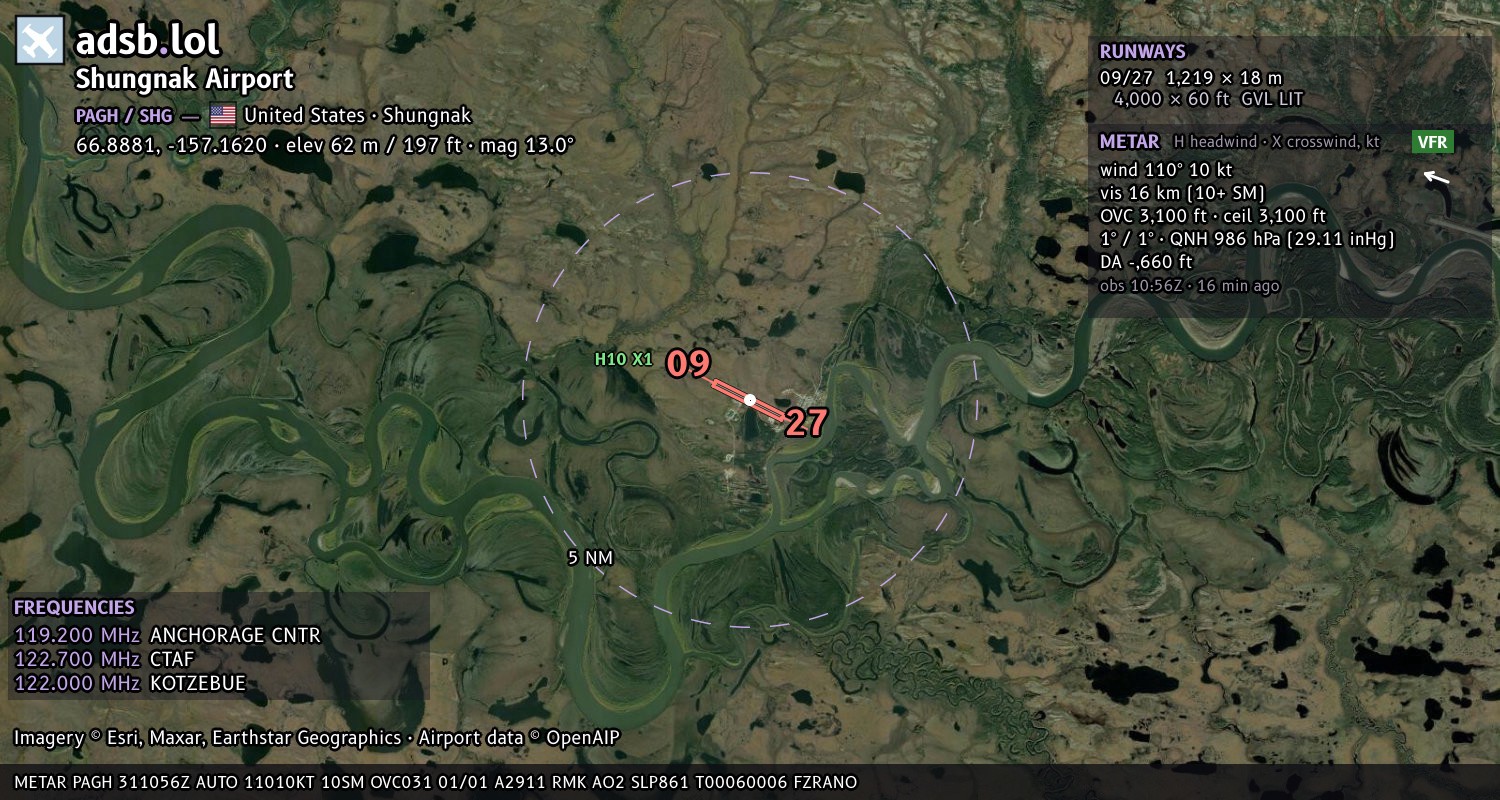 Satellite map with the runway layout of Shungnak Airport (PAGH)