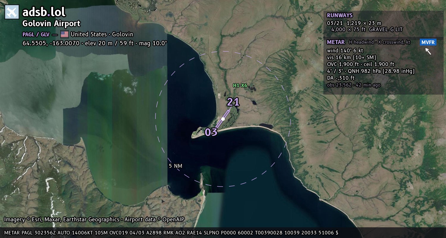 Satellite map with the runway layout of Golovin Airport (PAGL)