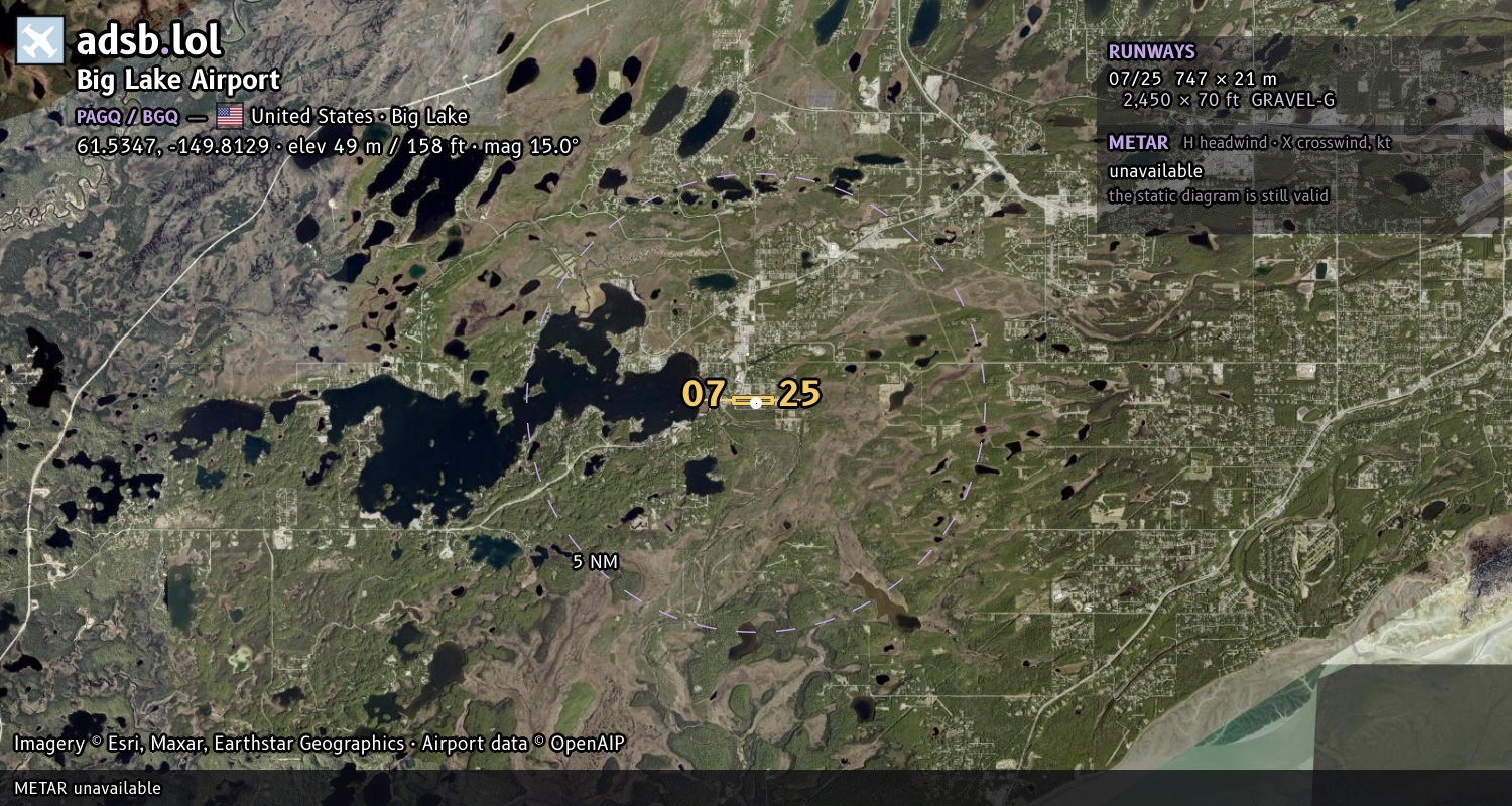 Satellite map with the runway layout of Big Lake Airport (PAGQ)