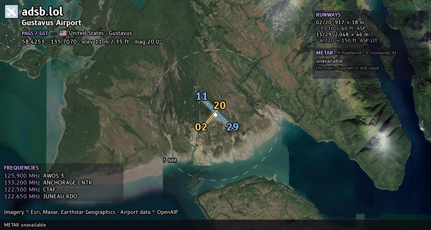 Satellite map with the runway layout of Gustavus Airport (PAGS)