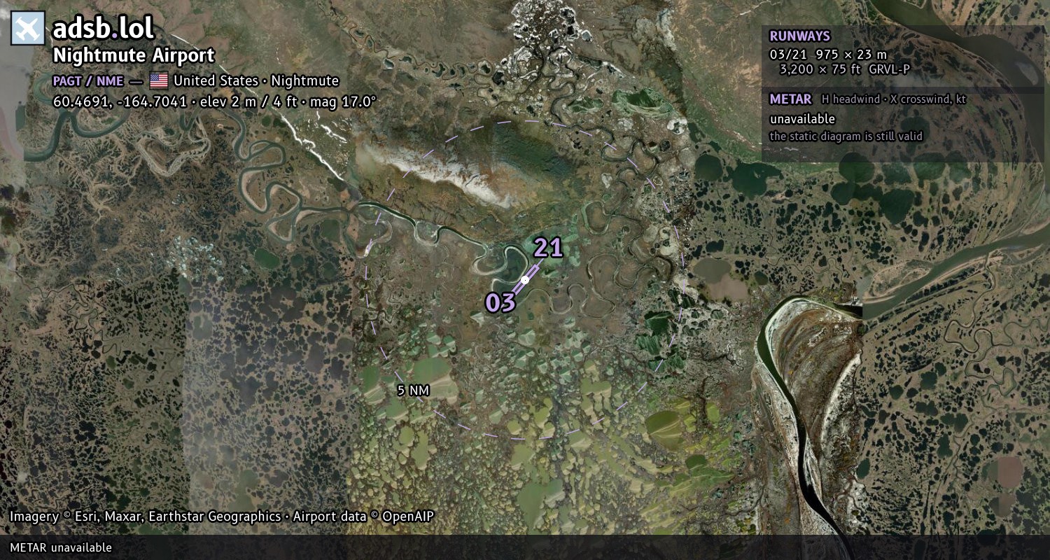 Satellite map with the runway layout of Nightmute Airport (PAGT)