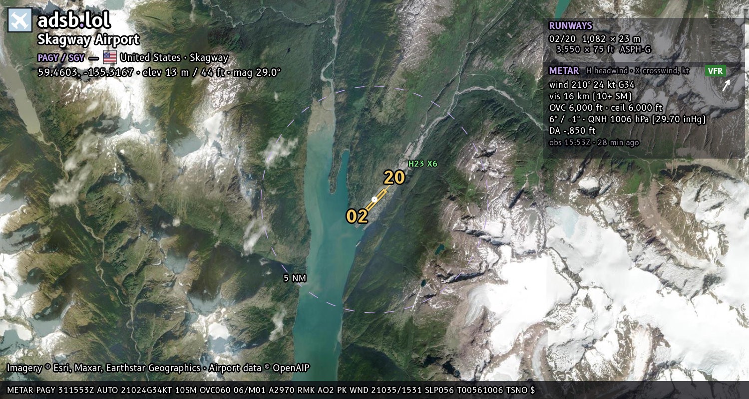 Satellite map with the runway layout of Skagway Airport (PAGY)