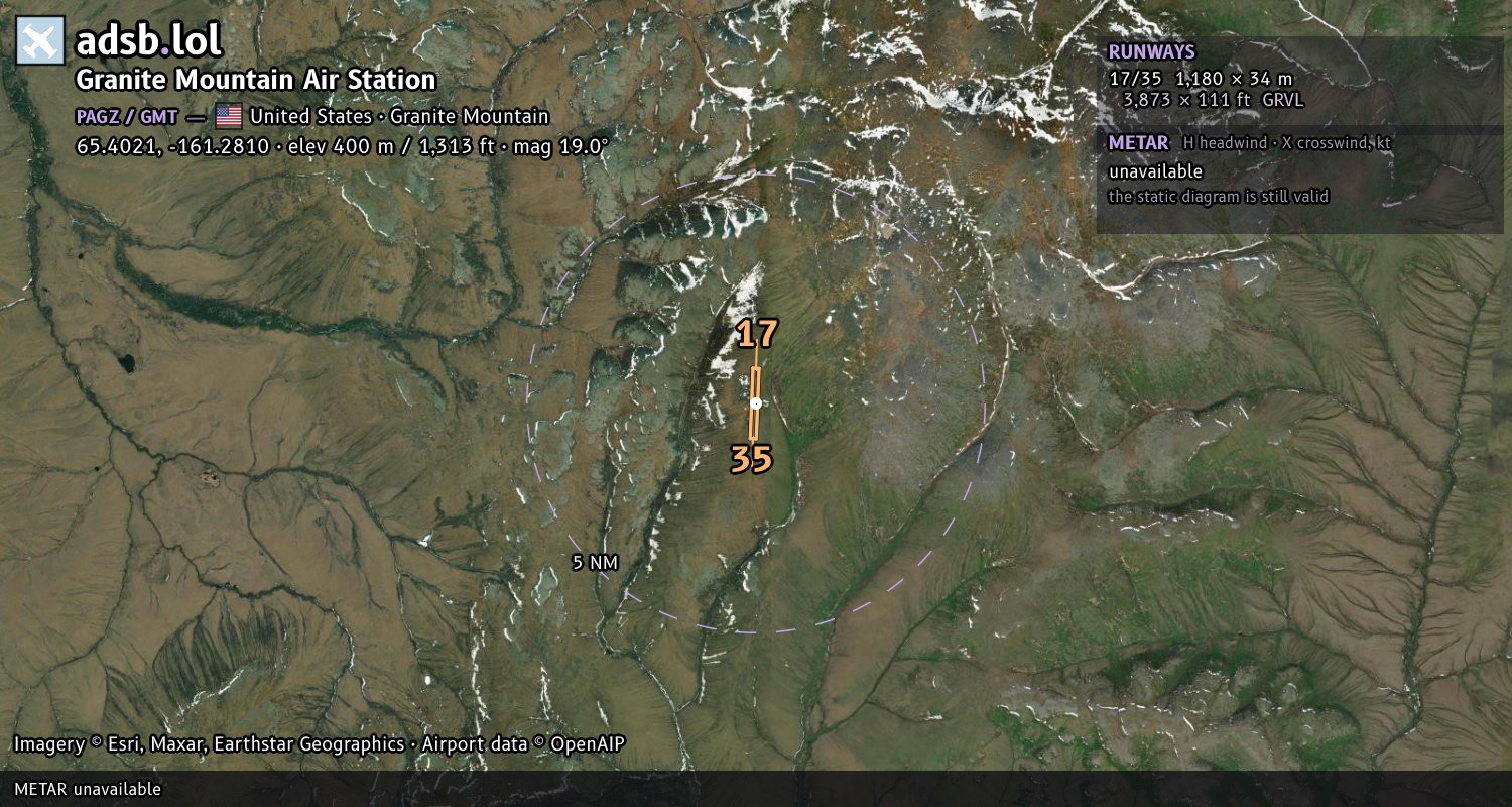 Satellite map with the runway layout of Granite Mountain Air Station (PAGZ)