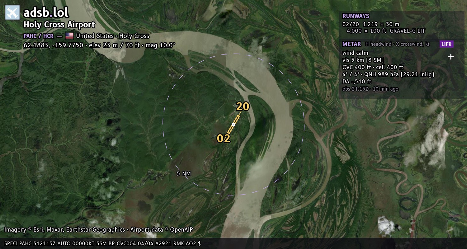 Satellite map with the runway layout of Holy Cross Airport (PAHC)