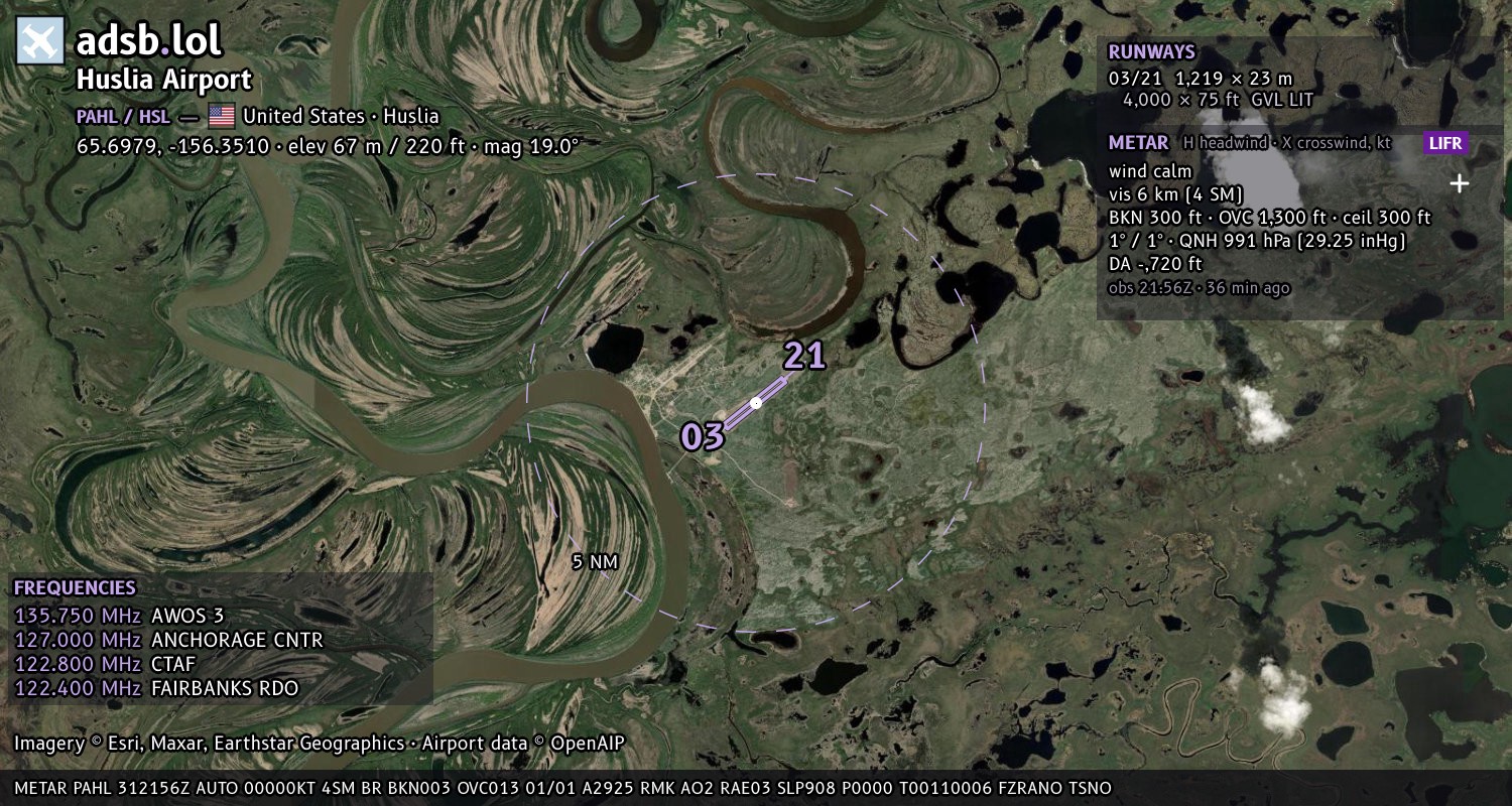Satellite map with the runway layout of Huslia Airport (PAHL)