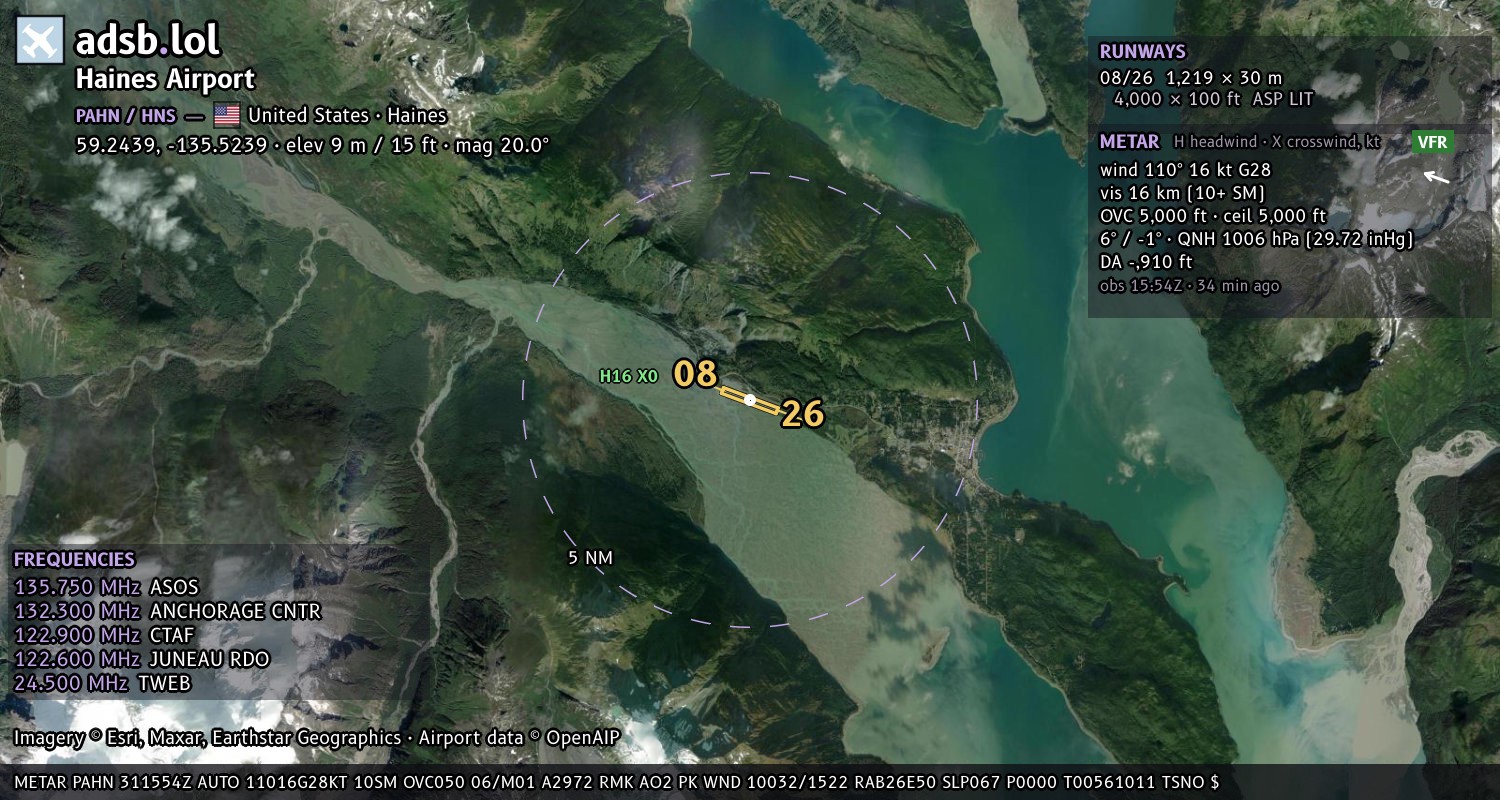 Satellite map with the runway layout of Haines Airport (PAHN)