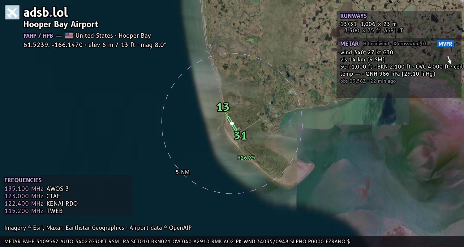 Satellite map with the runway layout of Hooper Bay Airport (PAHP)