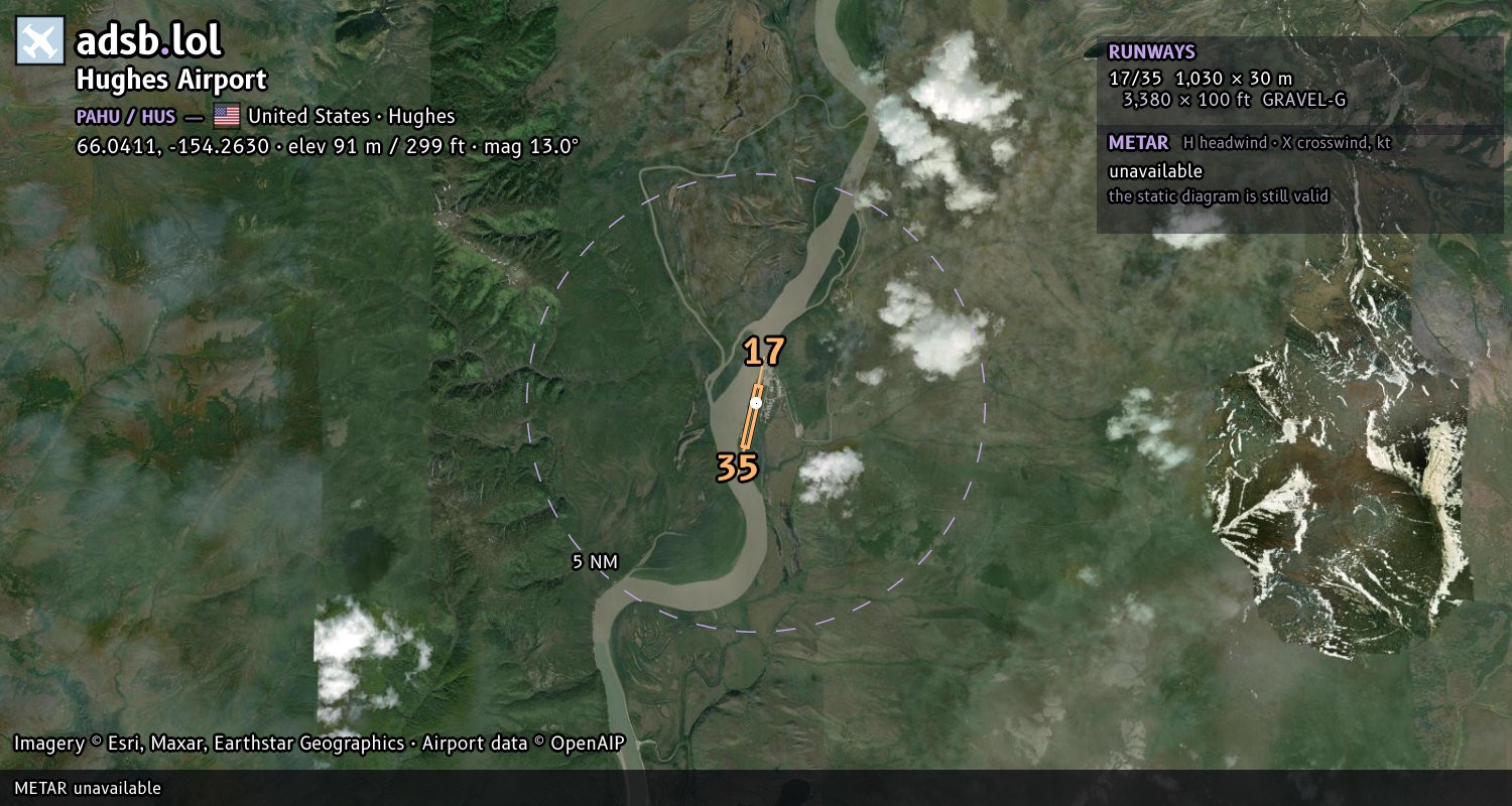 Satellite map with the runway layout of Hughes Airport (PAHU)