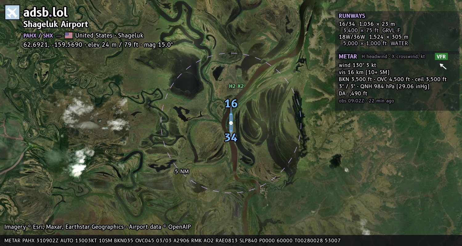 Satellite map with the runway layout of Shageluk Airport (PAHX)