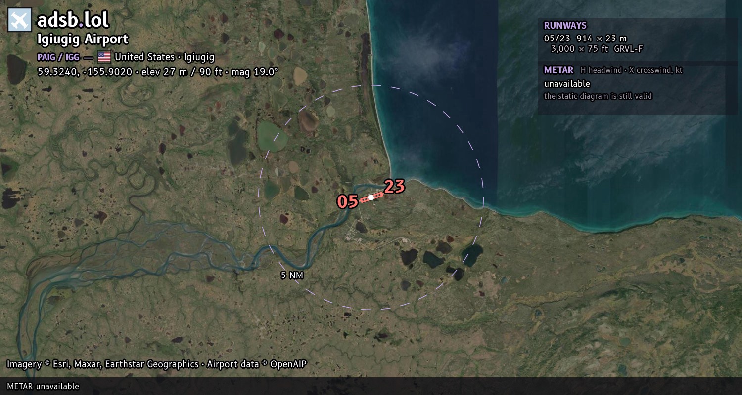 Satellite map with the runway layout of Igiugig Airport (PAIG)