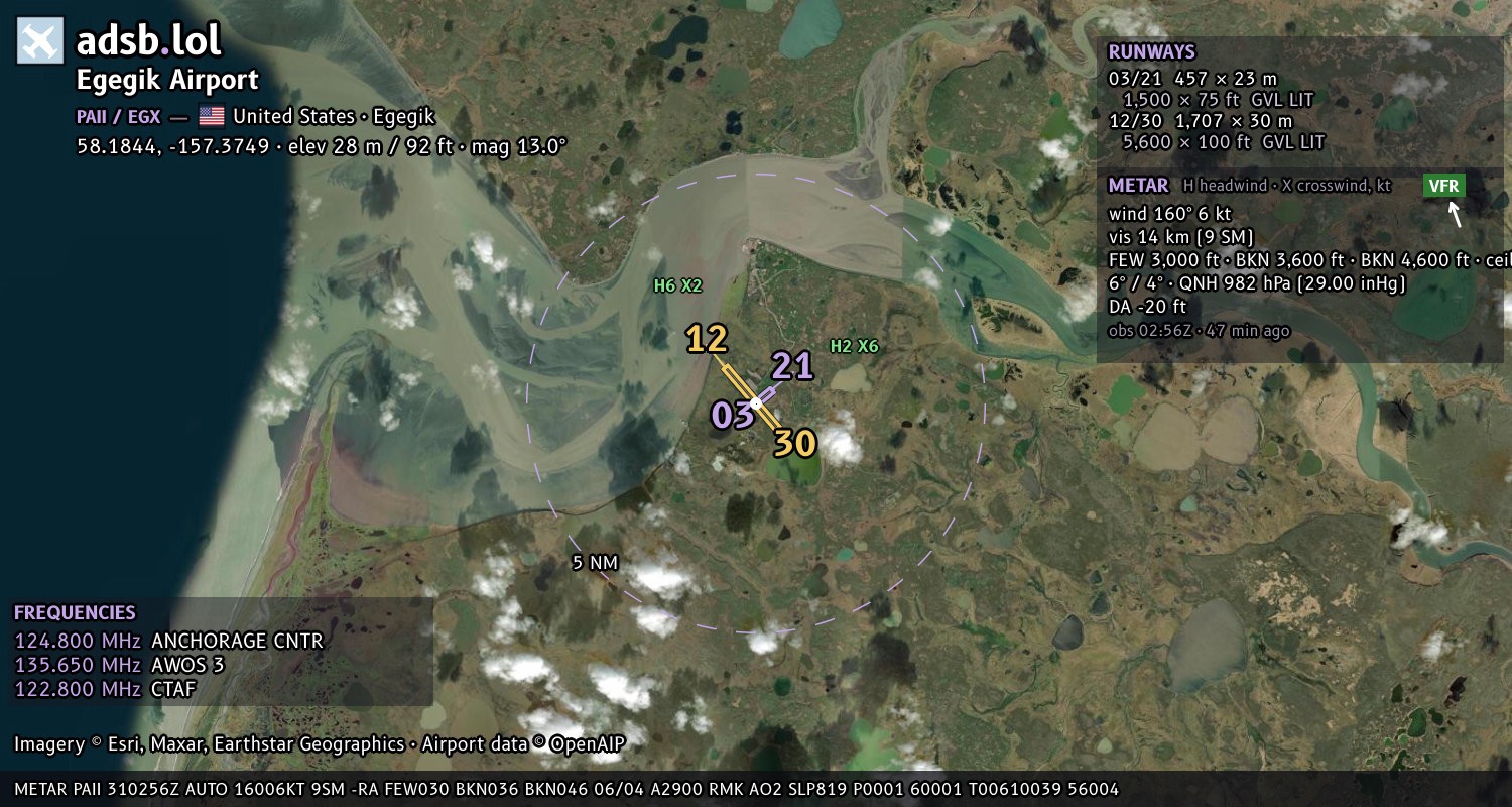 Satellite map with the runway layout of Egegik Airport (PAII)