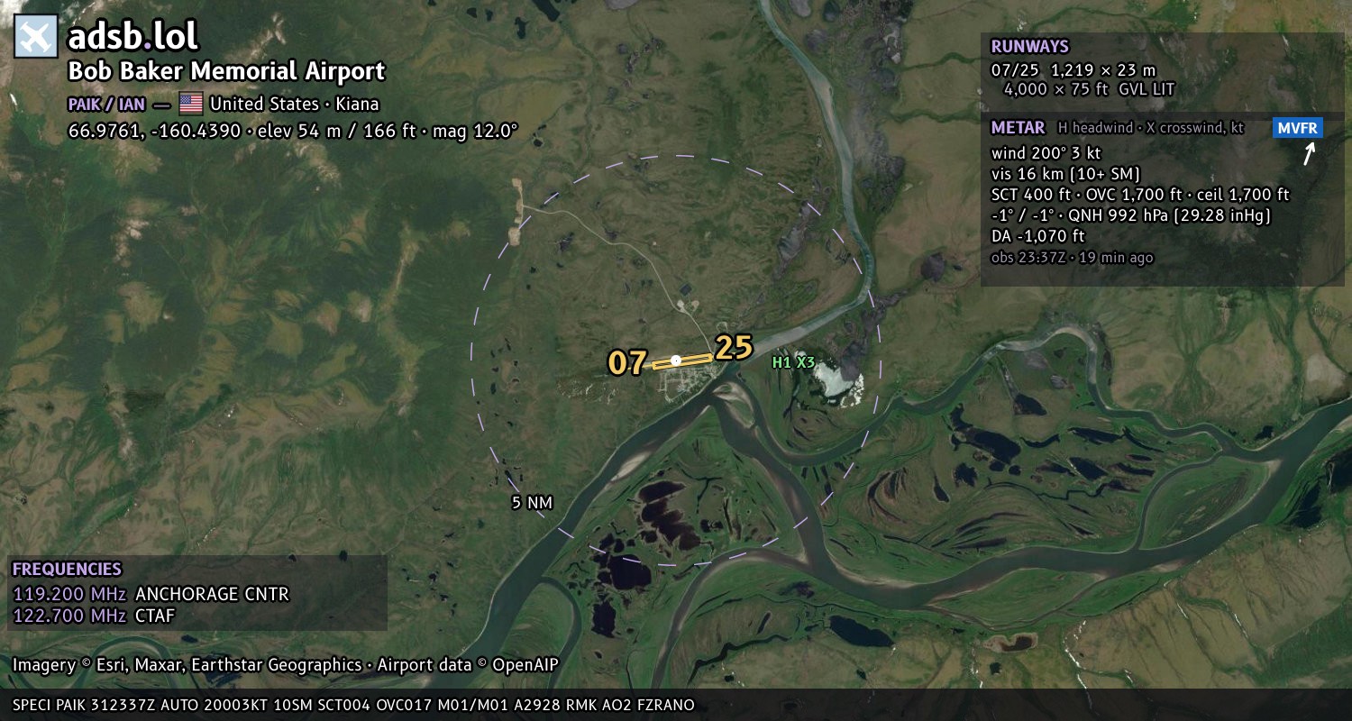 Satellite map with the runway layout of Bob Baker Memorial Airport (PAIK)