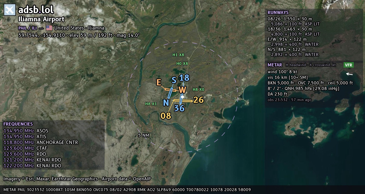 Satellite map with the runway layout of Iliamna Airport (PAIL)