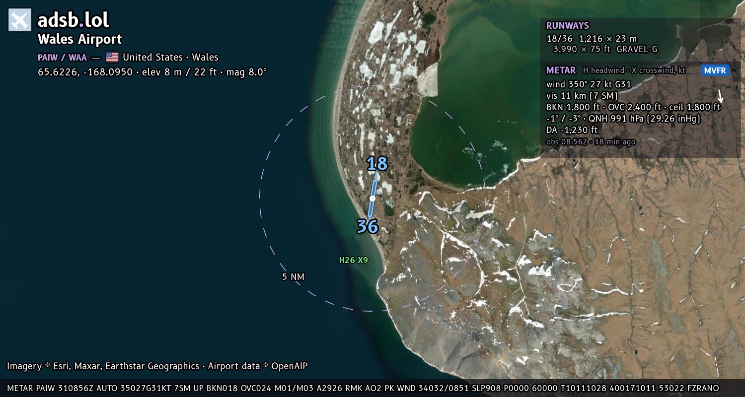Satellite map with the runway layout of Wales Airport (PAIW)