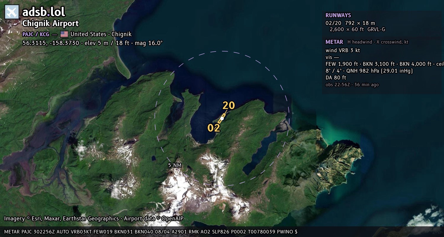 Satellite map with the runway layout of Chignik Airport (PAJC)