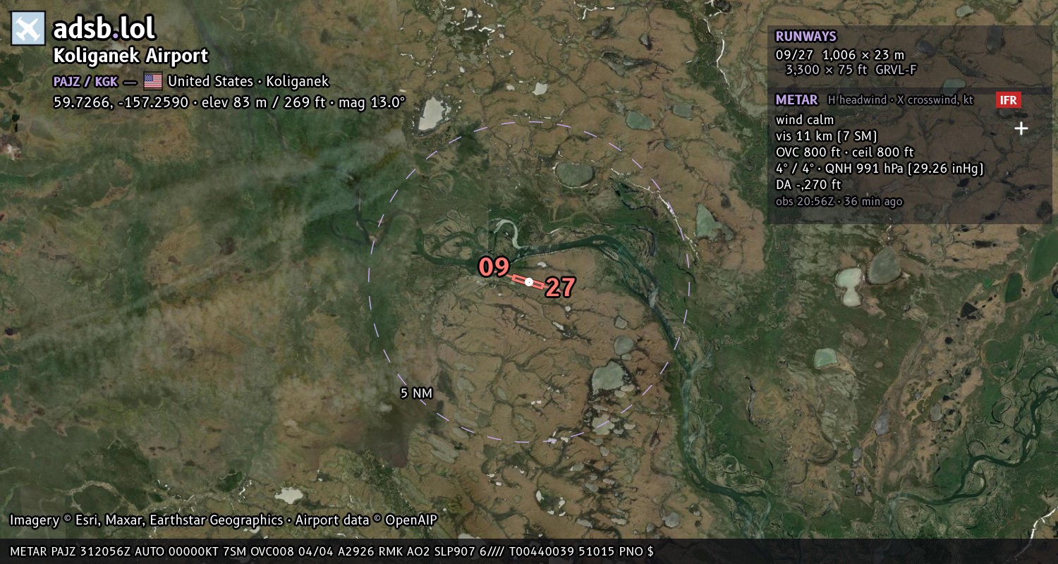Satellite map with the runway layout of Koliganek Airport (PAJZ)