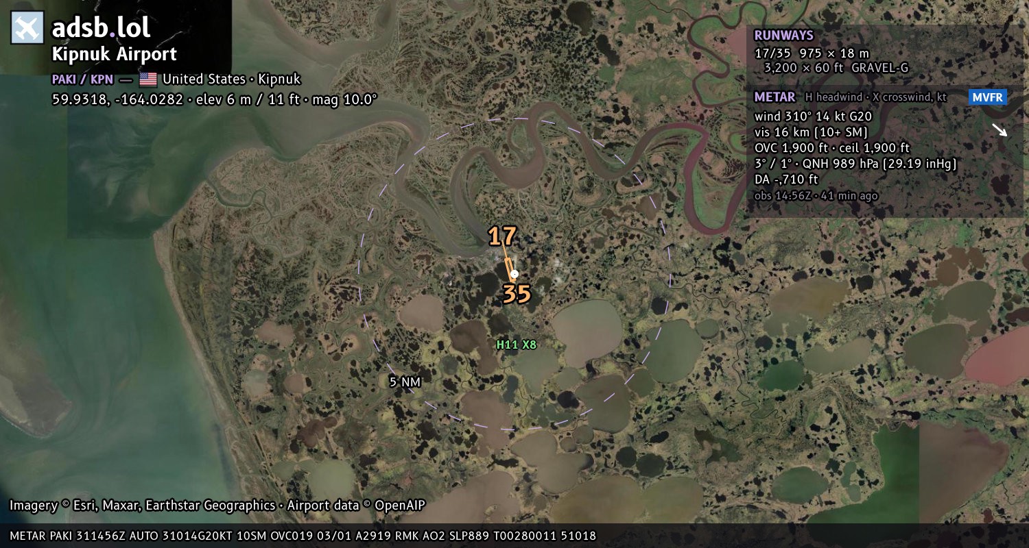 Satellite map with the runway layout of Kipnuk Airport (PAKI)